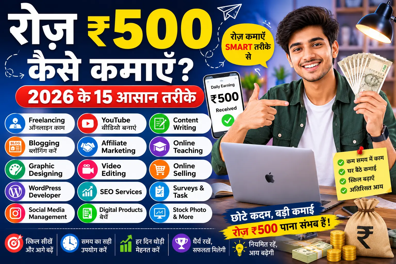 रोज़ ₹500 कैसे कमाएँ? 2026 के 15 भरोसेमंद तरीके