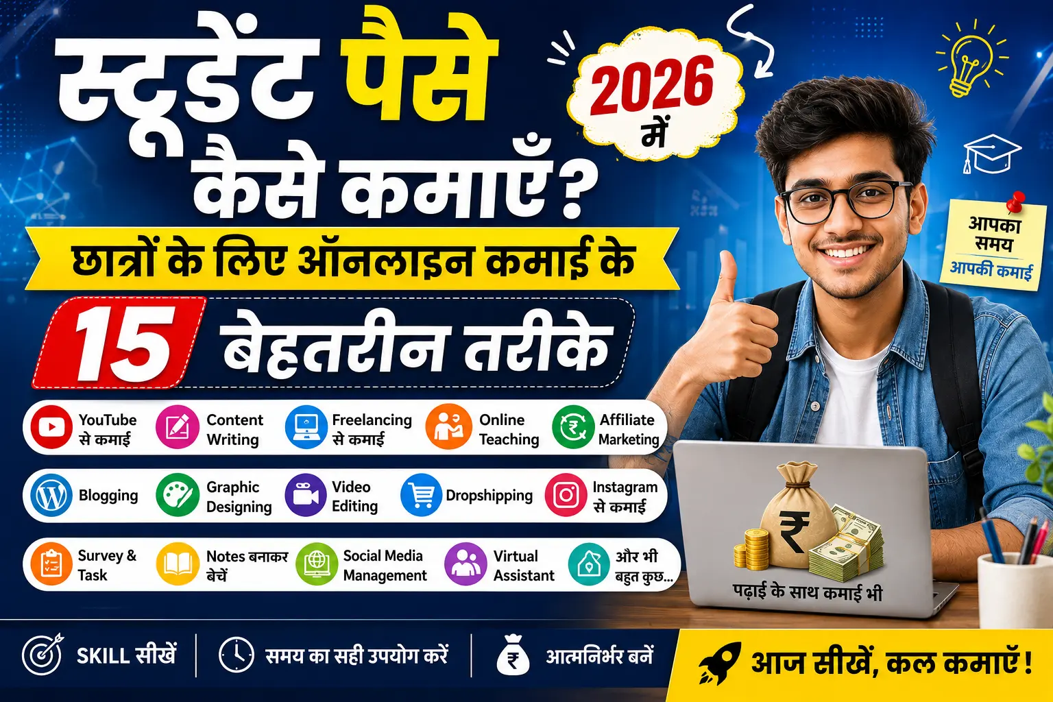 स्टूडेंट पैसे कैसे कमाएँ? 2026 में छात्रों के लिए ऑनलाइन कमाई के 15 बेहतरीन तरीके